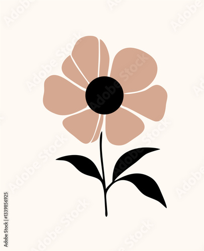 The image features a minimalist flower illustration with light brown petals, a black center, and black stem and leaves on a cream background. Its simple and aesthetic design is perfect for modern