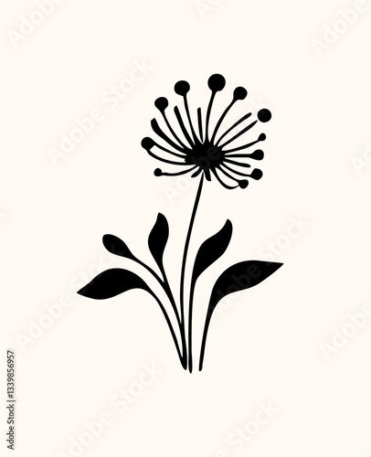 The image features a minimalist black flower illustration with a long stem, paired leaves, and a silhouette-shaped bloom on a cream background. Its design is simple and elegant.