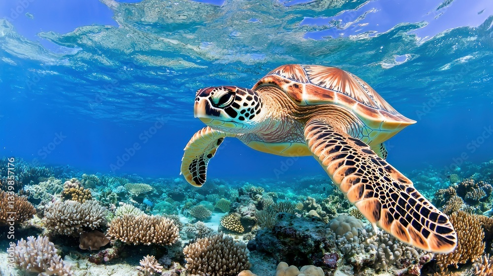 Fototapeta premium A beautiful sea turtle swims in the ocean near coral reefs