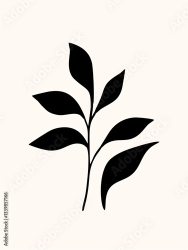The image features a minimalist black flower illustration with a long stem, paired leaves, and a silhouette-shaped bloom on a cream background. Its design is simple and elegant.