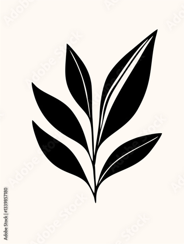 The image features a minimalist black flower illustration with a long stem, paired leaves, and a silhouette-shaped bloom on a cream background. Its design is simple and elegant.