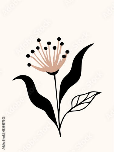 The image shows a minimalist black flower with brown and dark blue abstract shapes on a cream background.
