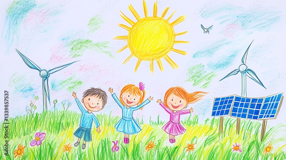 Naklejka premium Clean energy concept image. Kid drawing style renewable energy