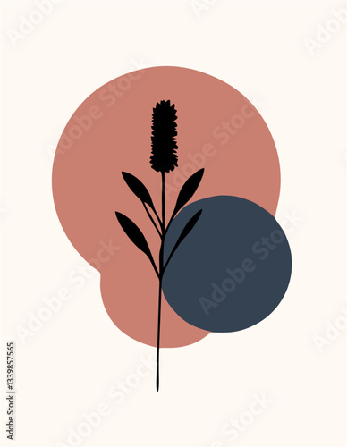 The image features a minimalist black flower illustration with a slender stem, surrounded by two abstract shapes in brown and dark blue on a cream background. Its design is modern and aesthetic.