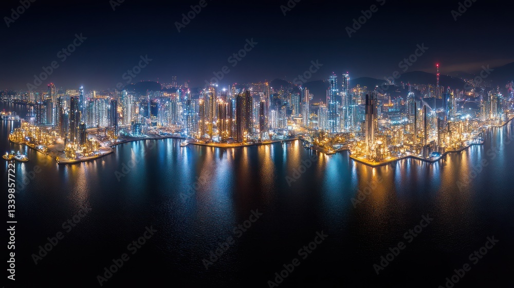 Fototapeta premium Night Lights Cityscape: Aerial Panorama of a Modern Metropolis