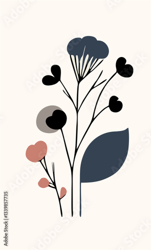 The image shows a minimalist black flower with brown and dark blue abstract shapes on a cream background.