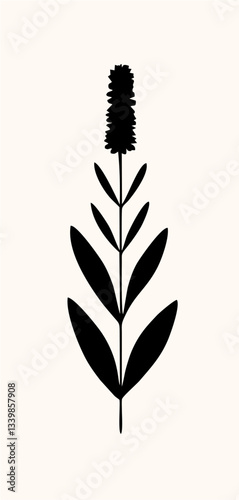 figura 18.epsThe image features a minimalist black flower illustration with a long stem, paired leaves, and a silhouette-shaped bloom on a cream background. Its design is simple and elegant.