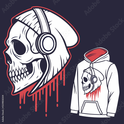 A vector t-shirt design od A skull wearing headphones and a hoodie with dripping