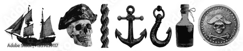Set of pirate halftone grunge vector design elements