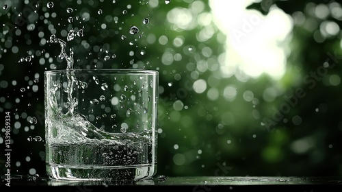 A glass of water has splashes and drops flowing out