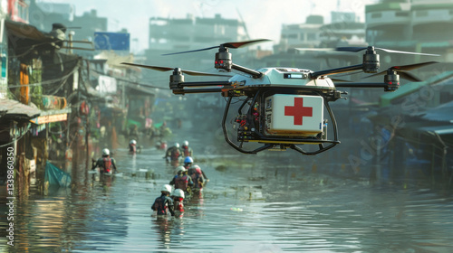 A futuristic drone delivering emergency medical aid, hovering over a flooded area, rescue teams below