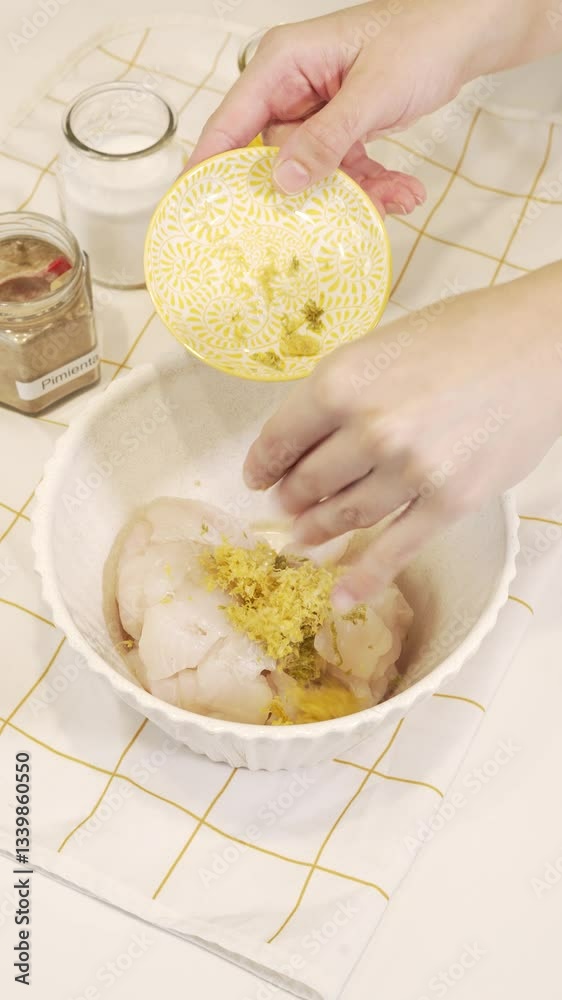 Preparando pasta de pescado con aderezos usando una batidora de mano. Preparación de pescado, recetas caseras. Footage de cocina, pescado, batidora de mano