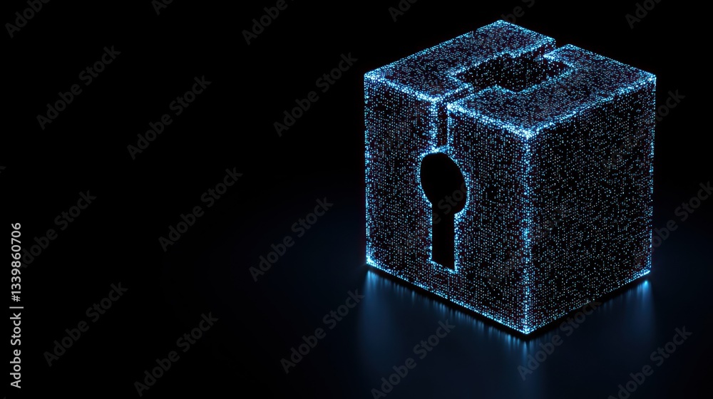 A digital glowing cube shows a keyhole on a dark background A digital glowing cube shows a keyhole on a dark background
