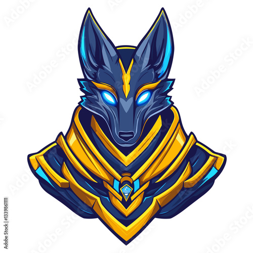 Esports logo featuring a mythical jackal god adorned in glowing golden attire with a futuristic design