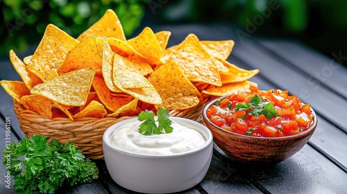 Tortilla Chips Nachos with Salsa and Cheese Dip photo