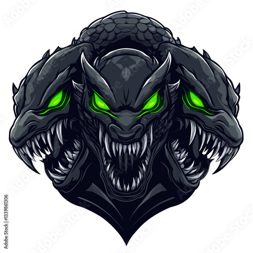 Evolving esports logo featuring a monstrous three-headed hydra with dark armor and glowing green eyes