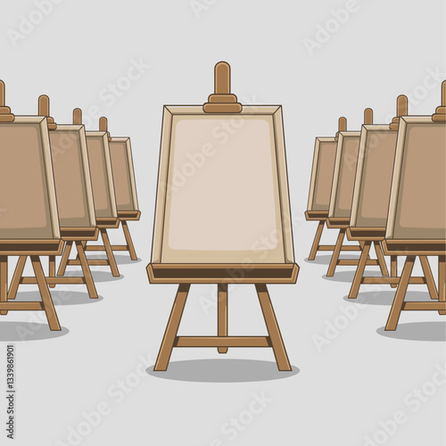 A collection of empty wooden easels arranged symmetrically, inviting artists to fill the blank canvases with imagination.