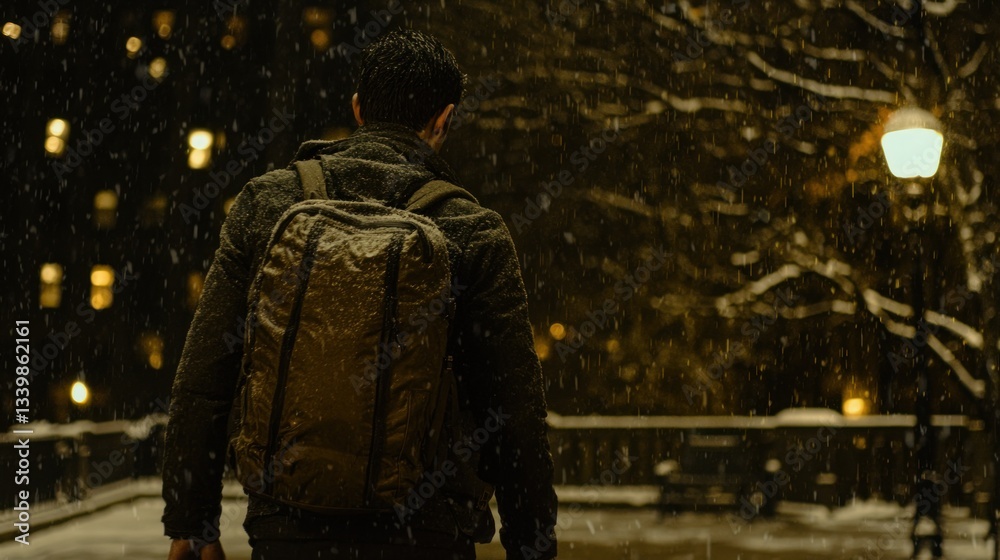 A person walks through snow on a cold winter evening A person walks through snow on a cold winter evening