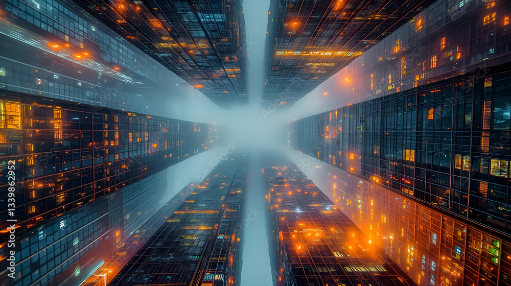 Obraz premium Modern Cityscape Foggy Night View, Skyscrapers with City Lights for Urban Themes