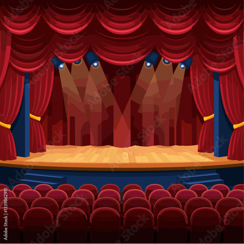 A captivating illustration of a theater stage featuring rich red drapery, warm lighting, and a polished wooden floor, perfect for performances or events.