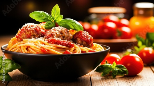 Delicious pasta dish with meatballs and tomato sauce presented nicely
