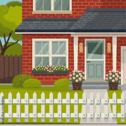 A vibrant illustration of a cozy red brick house featuring lush green landscaping, a white picket fence, and colorful flower pots by the entrance.