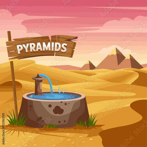 A serene desert landscape featuring vibrant pyramids in the background and a flowing water fountain in the foreground. Perfect for travel and adventure themes.