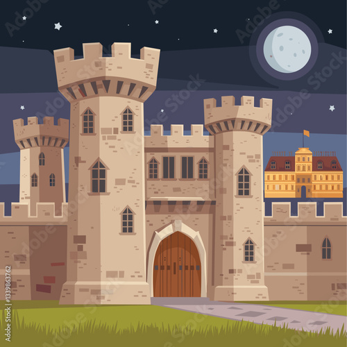 Explore this captivating digital illustration of a nighttime castle, featuring towering battlements and a glowing moon.