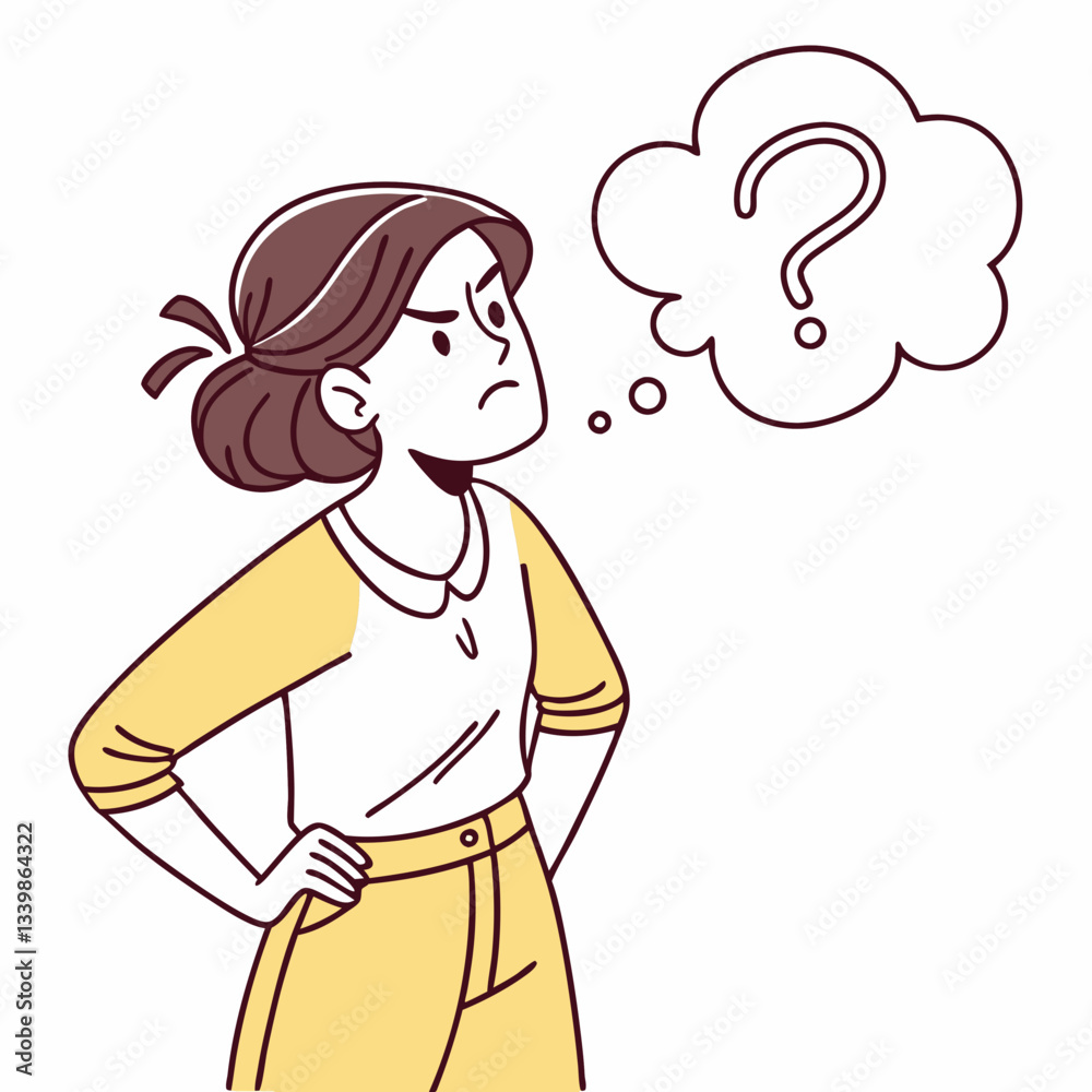 Skeptical woman, doubt and distrust expression. Discontent annoyed female with frowning face. Sceptic doubtful person looking with disbelief. Flat vector illustration isolated on white background Skeptical woman, doubt and distrust expression. Discontent annoyed female with frowning face. Sceptic doubtful person looking with disbelief. Flat vector illustration isolated on white background