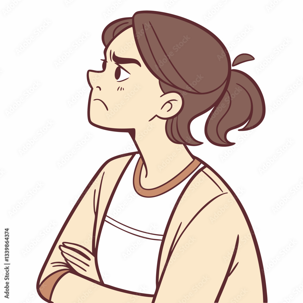 Skeptical woman, doubt and distrust expression. Discontent annoyed female with frowning face. Sceptic doubtful person looking with disbelief. Flat vector illustration isolated on white background Skeptical woman, doubt and distrust expression. Discontent annoyed female with frowning face. Sceptic doubtful person looking with disbelief. Flat vector illustration isolated on white background