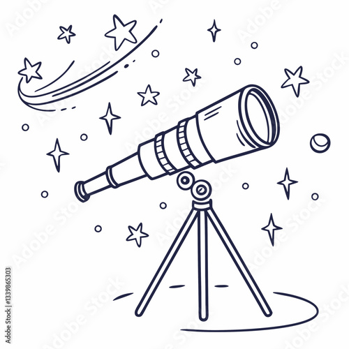 Hand-drawn telescope icon with a doodle style, featuring an outline of a telescope and stars as a line clipart symbol.