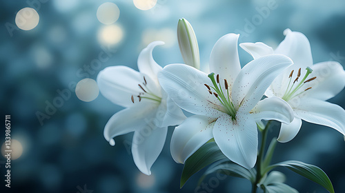 Serene White Lilies with Bokeh Light Background, Elegant White Lilies with Soft Bokeh Background, Beautiful White Lillies with generative ai