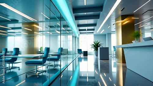 Ultra-Modern Office Interior with Futuristic Lighting, Glass Walls, and Open Workspaces

