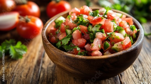 Pico de gallo in a wooden bowl with fresh vegetables in the background. Mexican traditional food, a tasty combination of tomato and onion with herbs and spices for a colorful sauce or salad.
