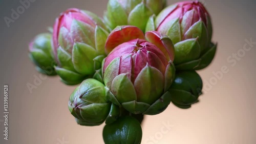 Delicate pink Kalanchoe blossfeldiana flower gently unfurling petals against pristine white background, highlighting botanical beauty through detailed macro time-lapse