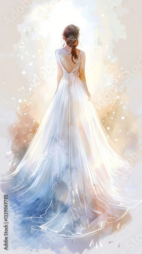 Elegant Watercolor Art of a Bride in a Stunning Gown Illuminated by Soft Light. Concept of Romance, Wedding Elegance, Bridal Fashion, and Dreamy Atmosphere. Vertical