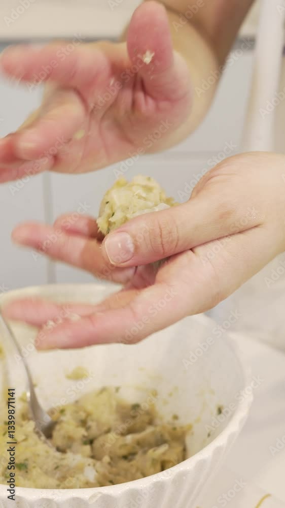 Formando y empanando bolitas de pasta de pescado. Preparación de croquetas, cocina casera. Footage de cocina, pescado, recetas caseras 