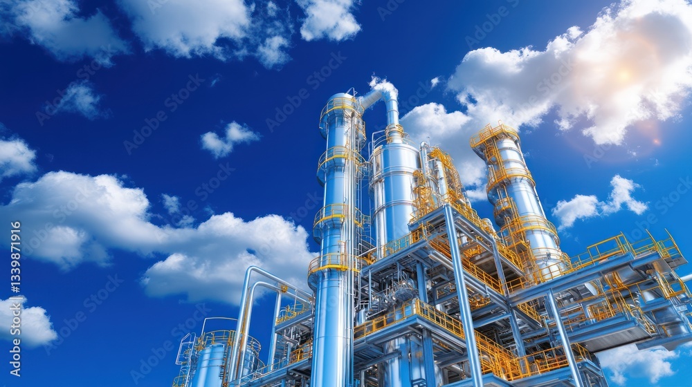 Industrial Refinery Complex Under a Bright Blue Sky