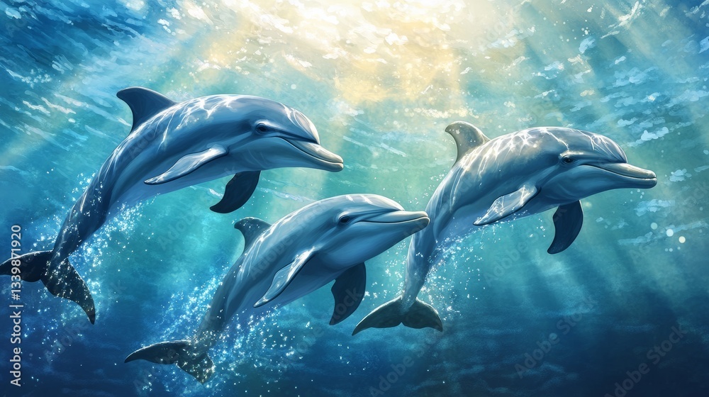 Fototapeta premium Three dolphins swimming in the ocean underwater.