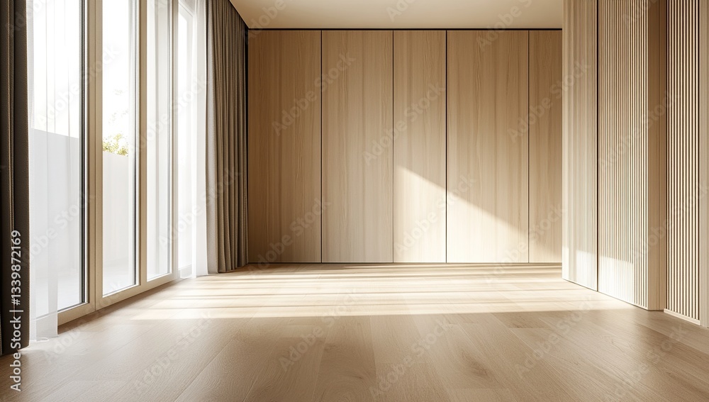Obraz premium Sunlight Streams into Modern Minimalist Room with Wooden Walls and Flooring, creating a Serene Atmosphere. Light and Spacious Design.