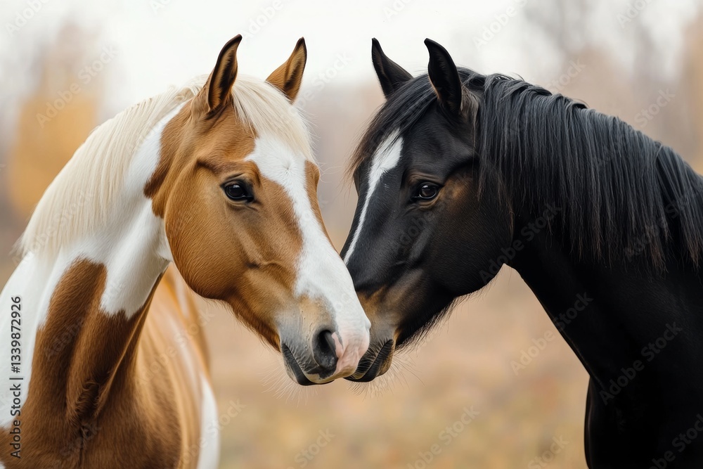 Fototapeta premium Two horses with their heads touching, one brown and white, the other black in color, in love together.