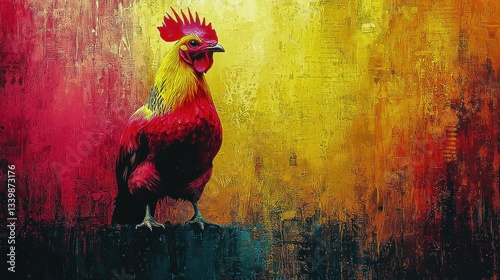 Vibrant Rooster Painting A Colorful and Striking Artwork Featuring a Rooster Chicken Bird and Bold Red Yellow and Orange Hues