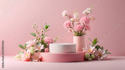 Pink podium platform with flower stand for beauty product presentation background.