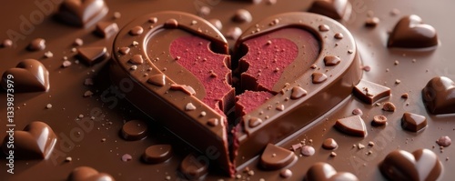 Broken milk chocolate heart, revealing texture, broken heart, isolated, love