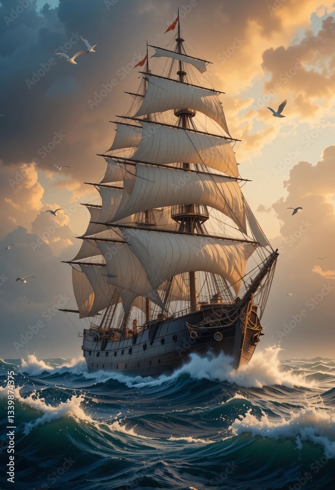 Fototapeta premium Historic Nautical Vessel Embarking on a Journey Amidst Sunset Magic