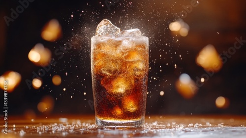 Iced Brown Soda Drink Bubbles Splashing Glass