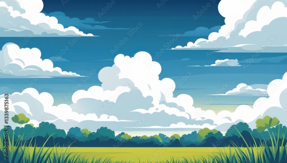 Fototapeta premium Fondo de pantalla de un pastizal con un cielo nublado de fondo. Ilustración digital. 