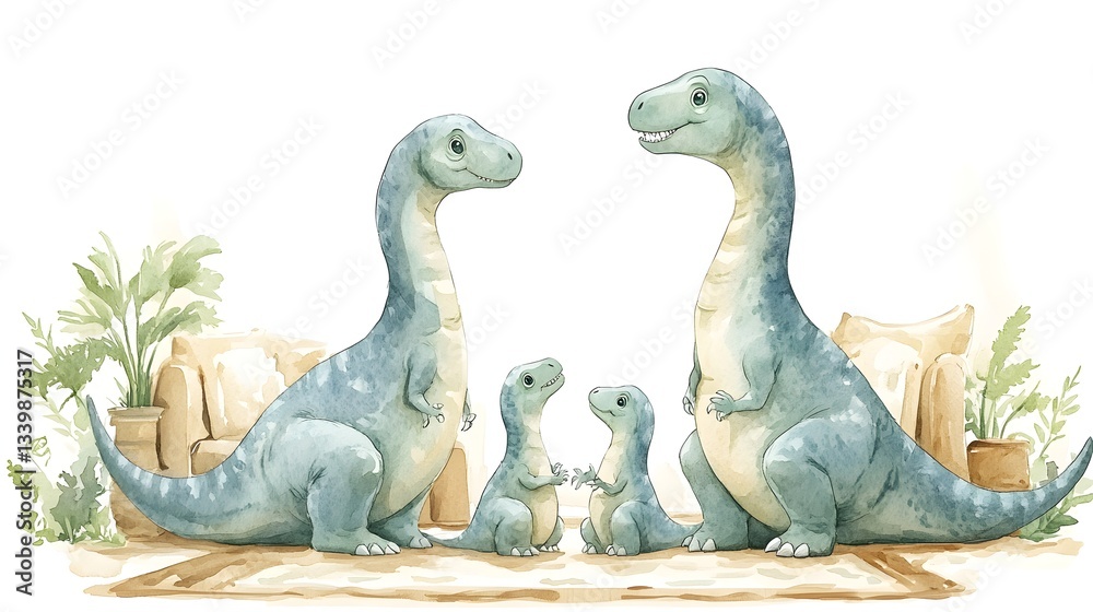 Naklejka premium Adorable watercolor illustration of a dinosaur family with two parents and two babies sitting together on a rug in a cozy living room setting.