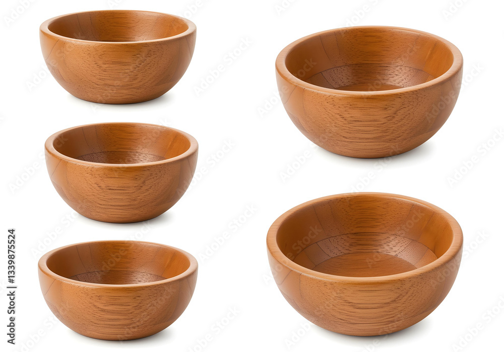 Set of empty wooden bowls, isolated on a white background. Generative AI. Set of empty wooden bowls, isolated on a white background. Generative AI.