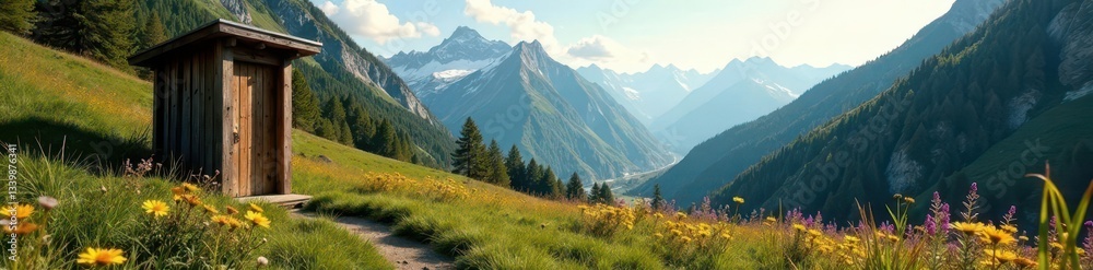Fototapeta premium Alpine panorama viewed from rustic outhouse toilet, rural, sky, toilet